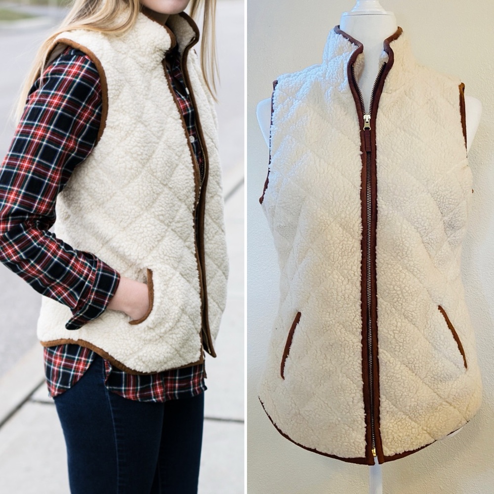 Old Navy Cream Sherpa Vest with Brown Trim
